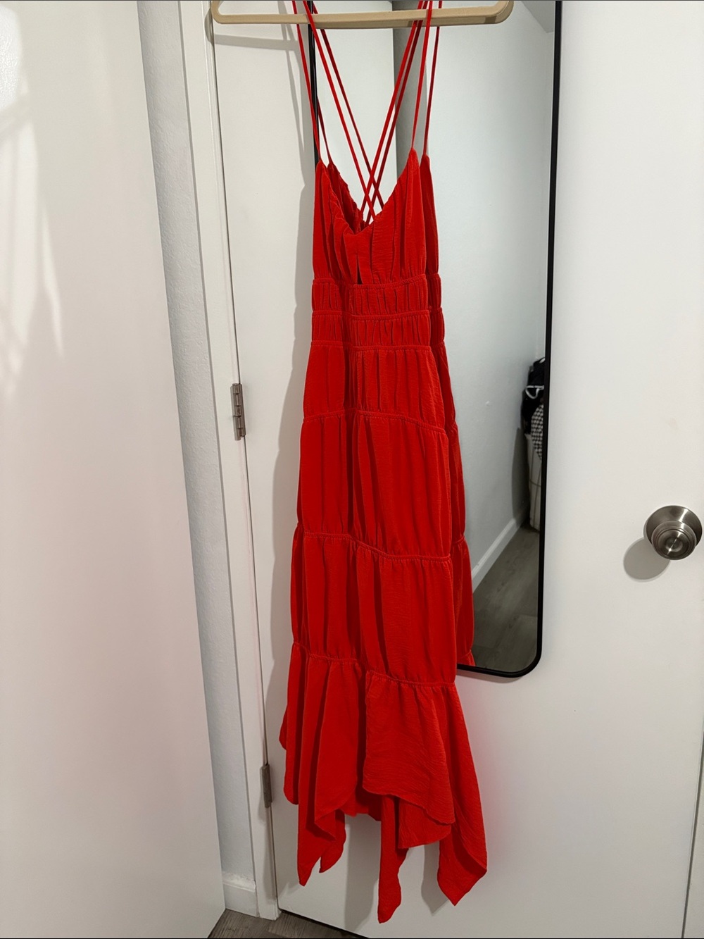 Monteau Red Asymmetrical Tiered Maxi Dress